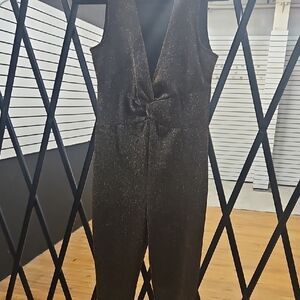 Women’s Sleeveless Metallic Knot-Front Jumpsuit — Black